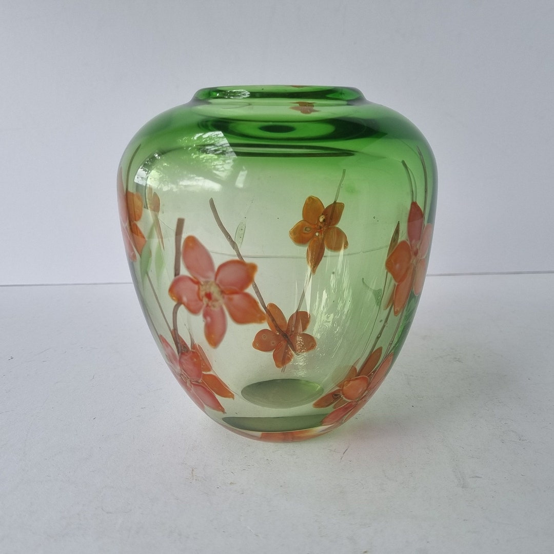 Vintage Cased Glass Vase Mid Century Green Tinted Glass Paperweight