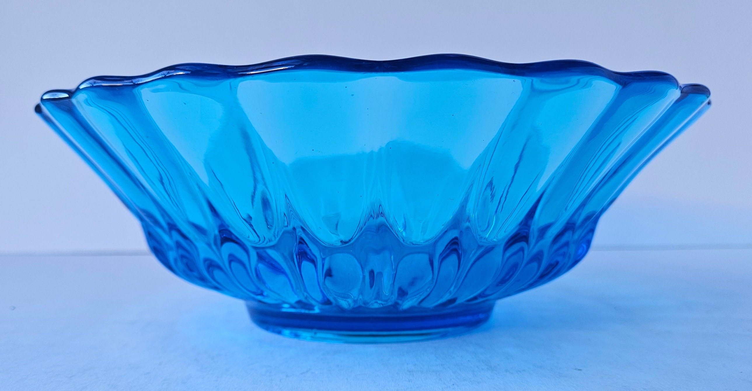 Vintage Blue Glass Bowl Mid Century Blue Glass Bowl Decorative Blue