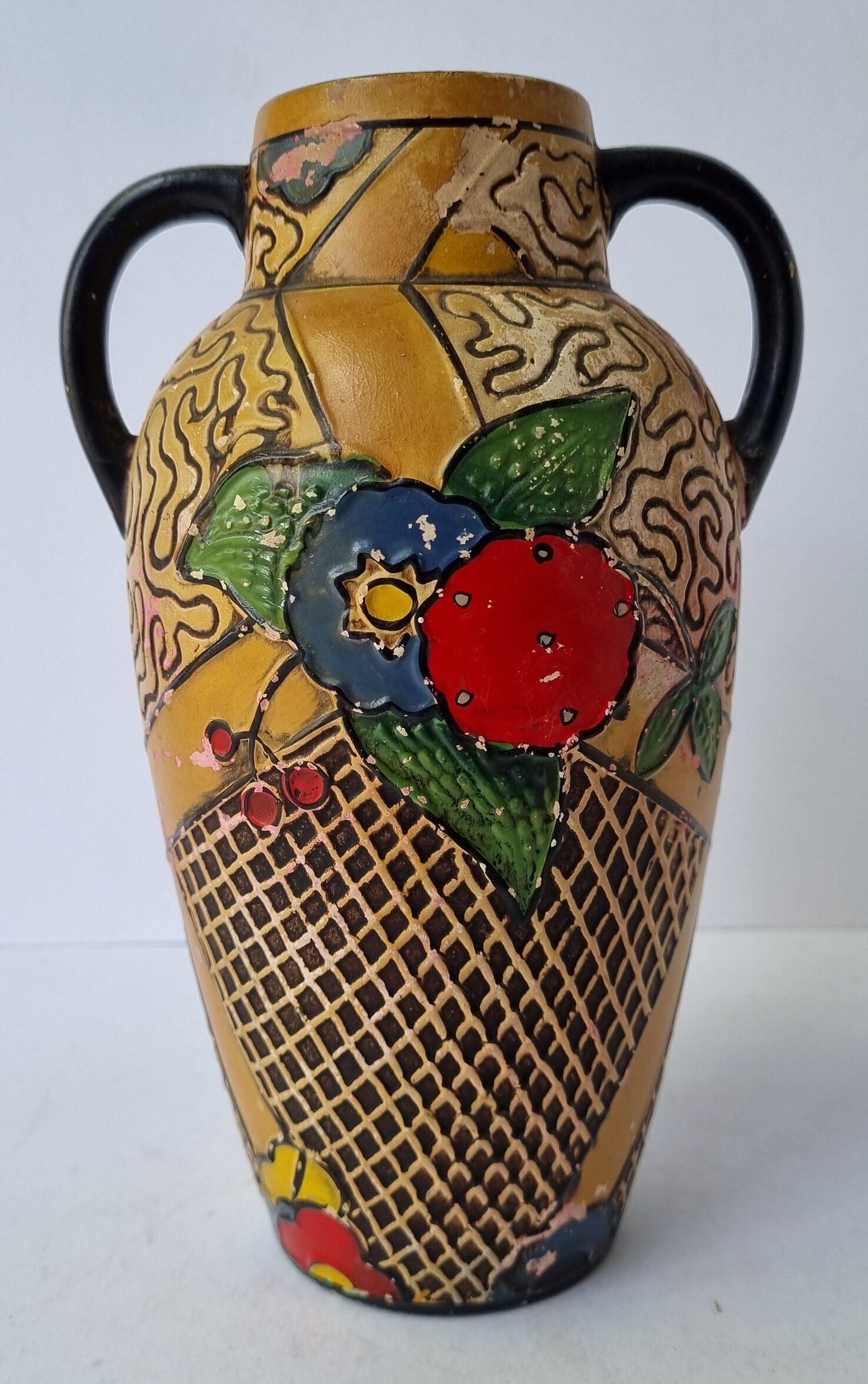 Vintage Art Deco Pottery Vase Hand Painted Ceramic Urn Shaped Vase