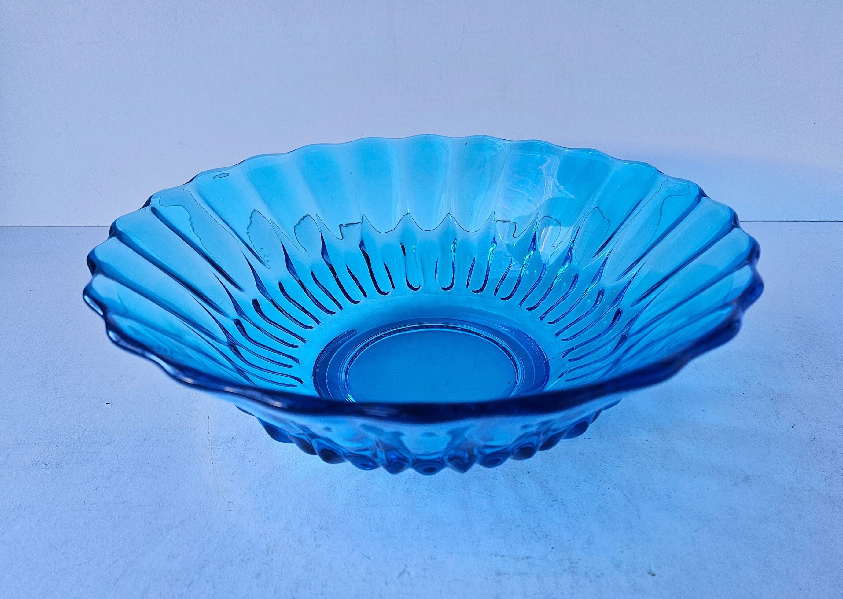 Vintage Blue Glass Bowl Mid Century Blue Glass Bowl Decorative Blue