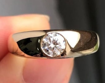 Solid Yellow Gold Diamond Engagement Ring: Thick Band Anniversary Ring