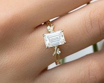 Twig Wedding Ring, 2CT Emerald Cut Colorless Moissanite Engagement Ring, 14K Solid Gold Ring, Moissanite Twig Ring, Stackable Bridal Ring