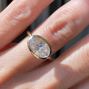 East To West Ring, Oval Solitaire Ring, Thin Band Bezel Set Ring, Solitaire Wedding Ring, Oval Cut Moissanite Engagement Ring, 14k Gold Ring