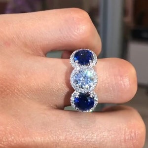 Sapphire Diamond Ring, Blue Sapphire Round Cut Engagement Ring, Three Stone  Halo Wedding Ring, Solitaire With Accent Ring, 925 Silver Ring