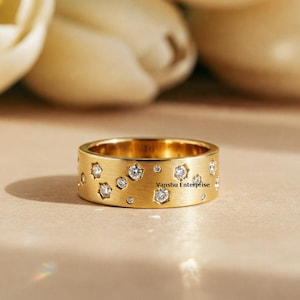 Scattered Diamond Ring, Round Cut Diamond Wedding Band, Flush Set Scattered Diamond Band, Thick Band Ring, Wide Band Ring, 14k Gold Ring
