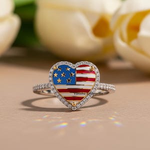 4th July Sale, Vintage Diamond American USA Flag Men&#39;s Ring, Nation Patriotic Jewelry, American Flag Enameled Ring, Gold Plated Silver Ring