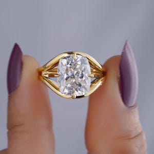 Solitaire Wedding Ring, Cushion Cut Moissanite Ring, Double Shank Diamond Ring, Curved Style Ring, Split Shank Ring, 14k Solid Gold Ring