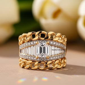 Baguette & Emerald Cut CZ Half Eternity Band Ring - Gold Plated Silver