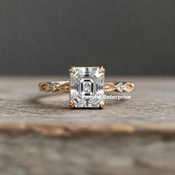 Art Deco Asscher Cut Ring: Five Stone 14k Gold Wedding Ring