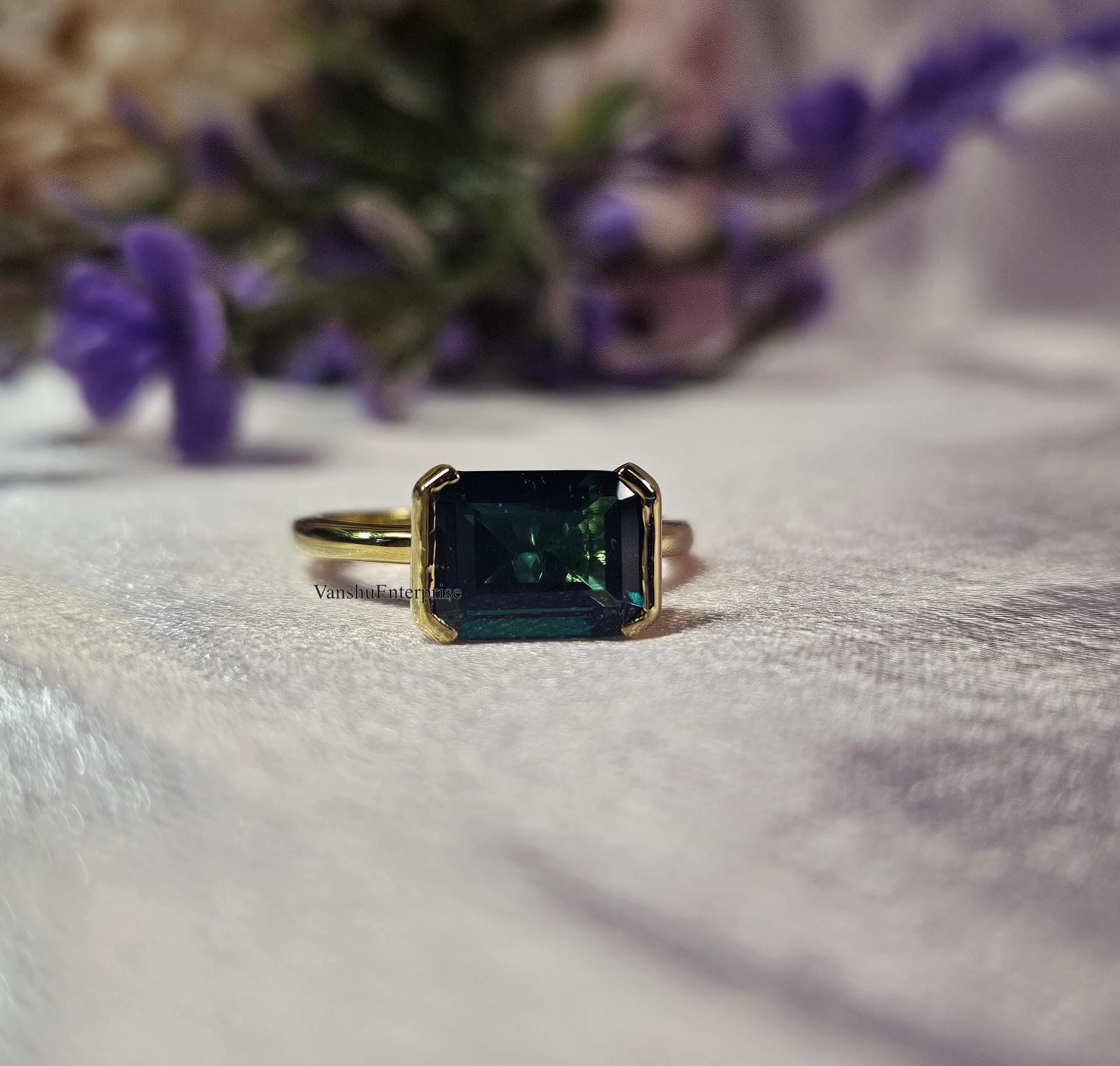 Solitaire Diamond Ring, Emerald Ring, Half Bezel Set East To West Emerald Cut Diamond Engagement Ring, Green Sapphire east west 14k Gold