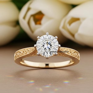 Vintage Art Deco Solitaire Ring, Round Cut Moissanite Wedding Ring, Cathedral Setting Vintage Ring, Filigree Ring, 14k Gold Gift Ring