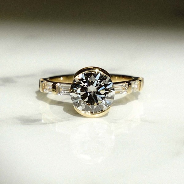 Solitaire With Accent Ring, Half Bezel Set Ring, Round & Baguette Cut Moissanite Engagement Ring, Bar Set Wedding Ring, 14k Solid Gold Ring