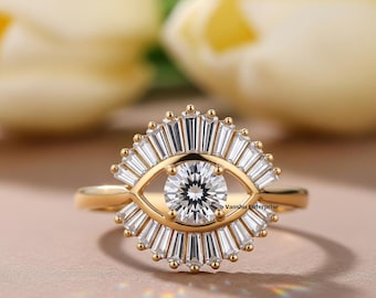 Evil Eye Ring, Baguette Cut Moissanite Wedding Ring, Floating Round Cut Diamond Ring, Eye Shaped Protection Ring, Gold Plated Silver Ring