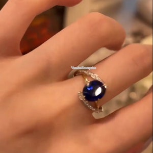 Blue Sapphire Oval Diamond Engagement Ring, Swirl Bypass Ring, Solitaire With Accent Ring, CZ Diamond Ring, Double Shank Ring, 14K Gold Ring