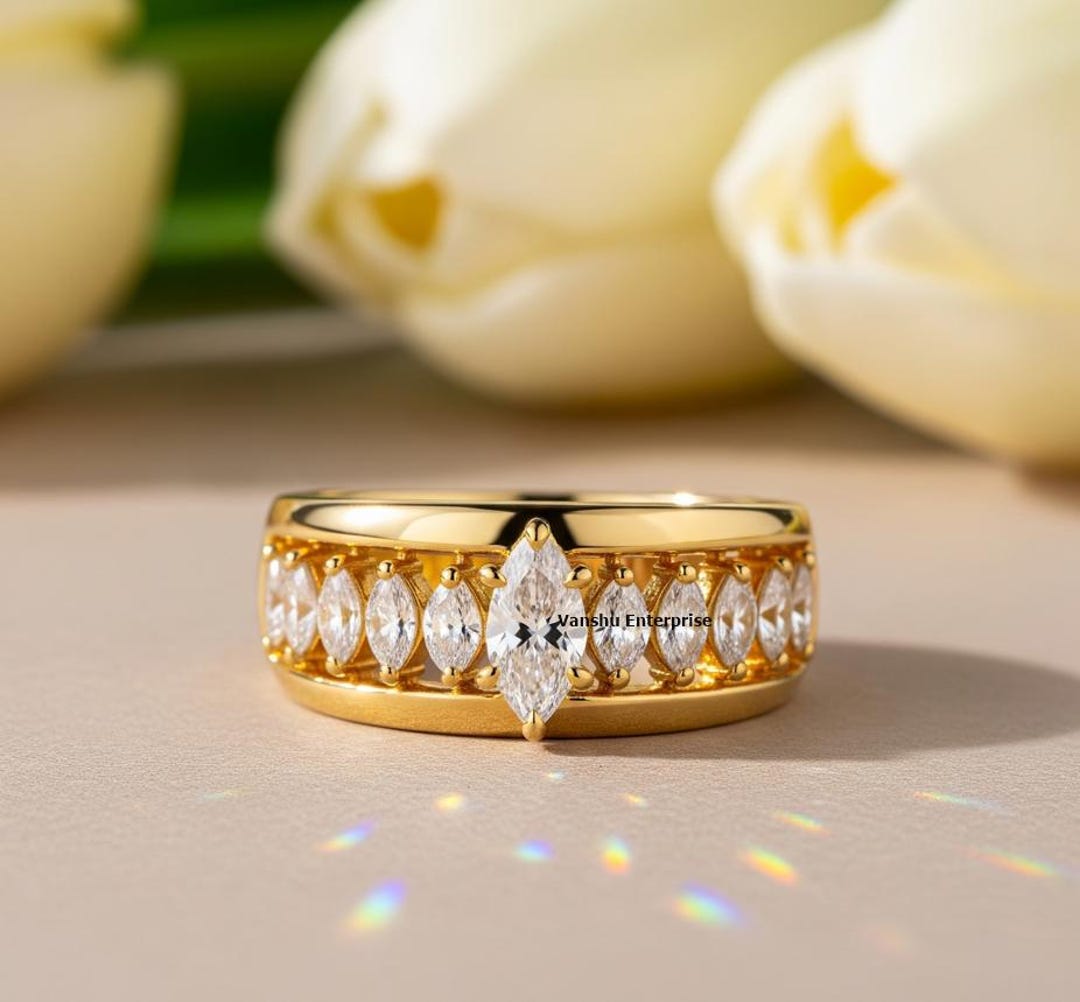 Marquise Cut Cubic Zirconia Half Eternity Band: 14k Gold Matching Ring ...