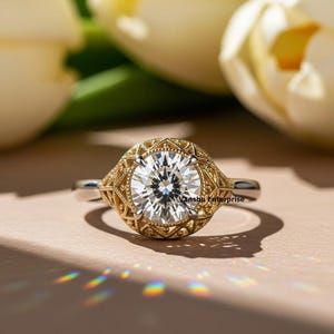 Vintage Art Deco Ring, Round Cut Diamond Engagement Ring, Milgrain & Filigree Ring, Scrollwork Vintage Style Ring, Gold Plated Silver Ring