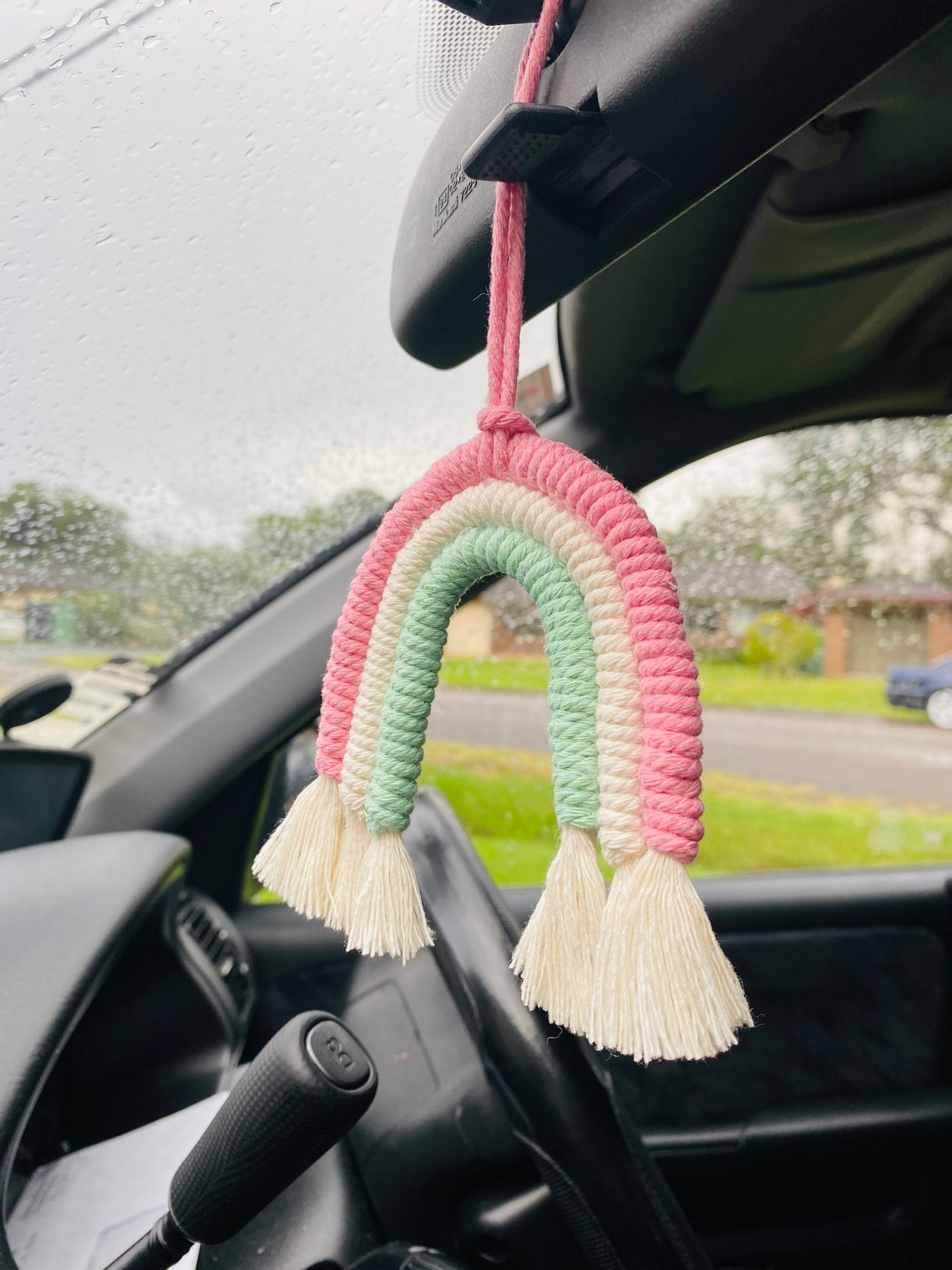 Macrame rainbow rear view mirror car hanger boho macrame car Etsy