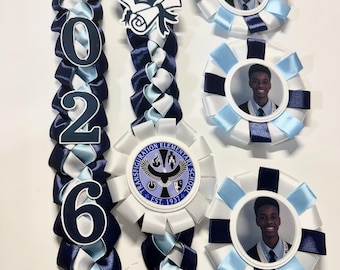 2026 Graduation lei Personalized/school logo sash bundle with 3 personalized picture pins.