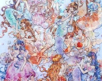 Daughters of the Sea Crystal Die Cut Stickers - Holographic Journal Scrapbook Anime Style Kawaii Girls Mermaid Coral Fish Jellyfish Shells