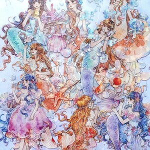 Daughters of the Sea Crystal Die Cut Stickers - Holographic Journal Scrapbook Anime Style Kawaii Girls Mermaid Coral Fish Jellyfish Shells