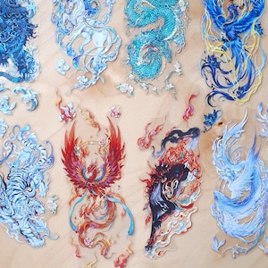 Adesivi fustellati in cristallo della discesa della bestia divina - Bestie mitologiche Tigre bianca Fenice Drago Xuanwu Stile cinese Art Journal Scrapbook