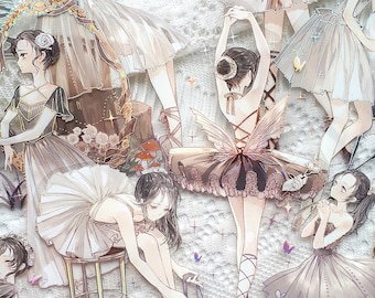 Crane Dancer Crystal Die Cut Stickers - Rainbowfoil Decal - Journal Scrapbook Anime Style Ballerina Ballet Dance Swan Lake Crane Monochrome