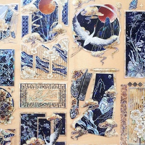 Adesivi fustellati di cristallo della torre della gru notturna - Gru Luna Paesaggio Montagna Farfalla Fiore Arte tradizionale cinese giapponese Diario Scrapbook