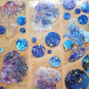 Betta & Moonbeam Crystal Die Cut Stickers - Transparent Metallic GoldFoil Goldfish Fish Jellyfish Bubbles - DIY Junk Journal Scrapbook