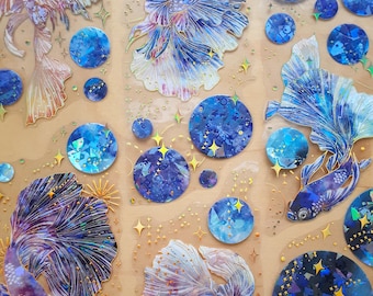 Betta & Moonbeam Crystal Die Cut Stickers - Transparent Metallic GoldFoil Goldfish Fish Jellyfish Bubbles - DIY Junk Journal Scrapbook