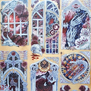 May include: A set of eight vintage-style window stickers featuring gothic and macabre imagery. The stickers feature a variety of designs, including skulls, roses, skeletons, and stars. The stickers are printed on a clear background and are perfect for adding a touch of gothic flair to any surface.