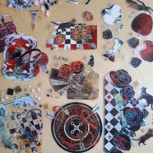 Cat's Gamble Kristall Diecut Aufkleber - Silberfolie Kunst Journal Scrapbook - Schach Glücksspiel Würfel Rosen Äpfel Kasino Roulette Blackjack Karten