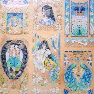 Princess Peacock Crystal Diecut Stickers - Rainbowfoil Journal Scrapbook - Queens Medieval Birds Yellow Stargazer Lily Art Deco Anime Girls