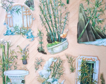 Verdant Bamboo Crystal Diecut Stickers - Goldfoil Decal Art Journal Scrapbook - Forest Plant Traditional Chinese Style Landscape Cane Reed