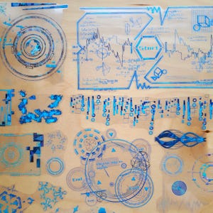 May include: A collection of blue and white holographic stickers featuring various geometric shapes and designs, including circles, squares, and lines. The stickers have a futuristic and abstract aesthetic.