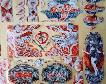 Feast of Greed Crystal Die-Cut Stickers - Scrapbook Journal DIY Weirdcore Gore Blood Red Meat Fish Red Fruit Apple Tomato Plum Halloween Art