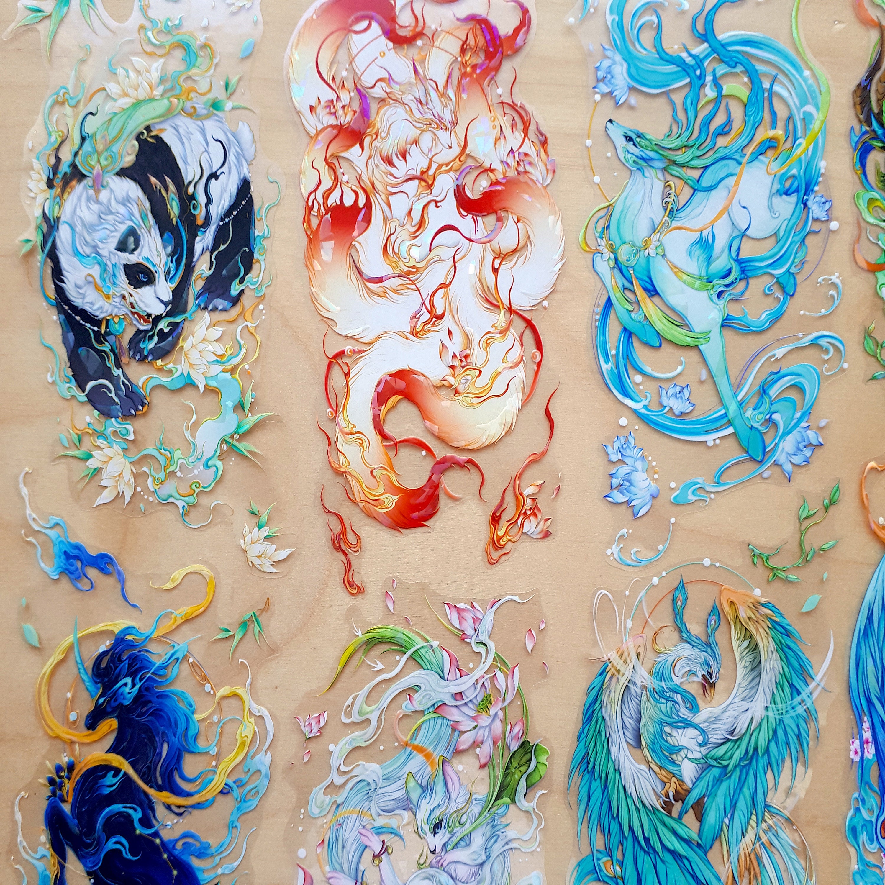 Descent of the Divine Beast V2 Crystal Die Cut Stickers- Mythical Beasts Qilin Ninetailed Fox Taotie Chinese Style Art Journal Scrapbook