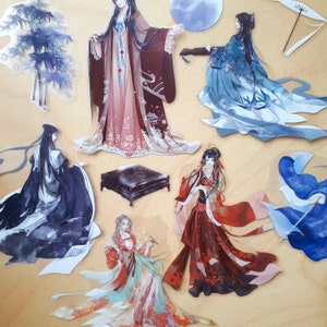 Adesivi fustellati Moonlit Mansion - Decalcomania Scrapbook Bullet Journal - Anime Ragazzi Ragazze Cina Antica Nobili Cinesi Storici Hanfu Vintage