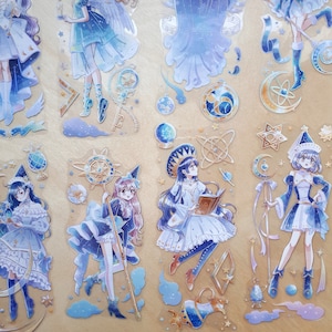 Blue Sky Wizard Crystal Die-Cut Stickers- Silverfoil Decal Scrapbook Bullet Journal Magician Witch Astronomer Magical Kawaii Anime Girls