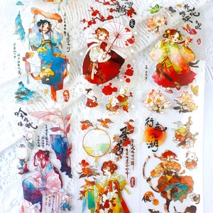 Celestial Maiden Cute Whimsical PET Sticker Tape Roll- Aesthetic Anime Manga Style Kawaii Journal Scrapbooking Ancient Chinese Hanfu Costume