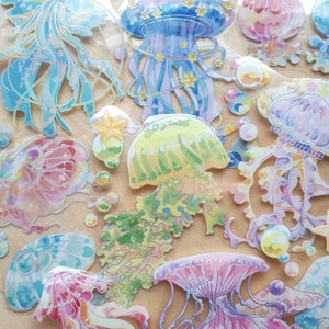 Adesivi fustellati di cristallo a forma di medusa allegra - Creature marine, stelle marine, bolle, lamina argentata colorata - Decalcomanie decorative per album di ritagli