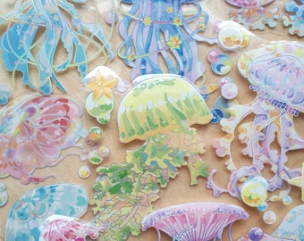 Jolly Jellyfish Crystal Die-Cut Stickers -Sea Creatures Ocean Starfish Bubbles Colorful Silver Foil - Scrapbook Journal Decals Decorative