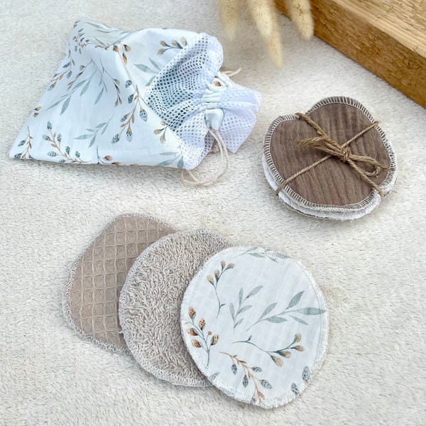 Abschminkpads Kosmetikpads aus Baumwolle, waschbar und wiederverwendbar mit Wäschebeutel mit Blumenmuster/ Flower