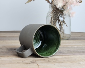 Medium Handmade Stoneware Ceramic Mug - Unglazed Charcoal Gray with Glossy Emerald Green Interior, Contemporary Minimalist Design