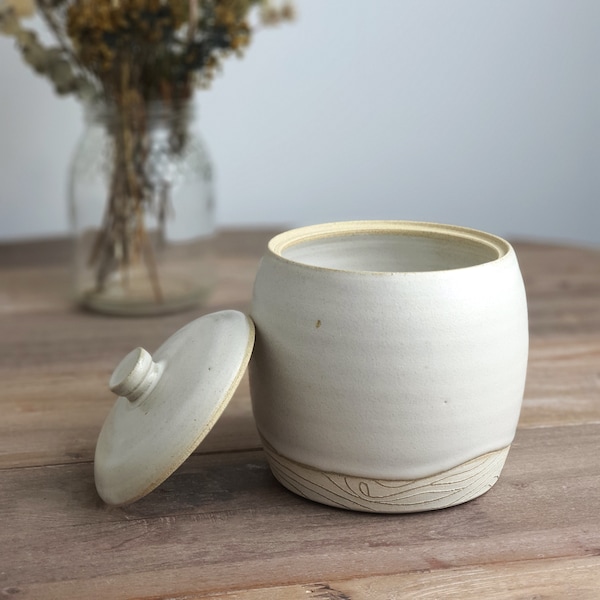 Large Satin White Carved Wave Pattern Handmade Stoneware Ceramic Jar with Knob Lid - Great for storing spices, dry kitchen goods and more.