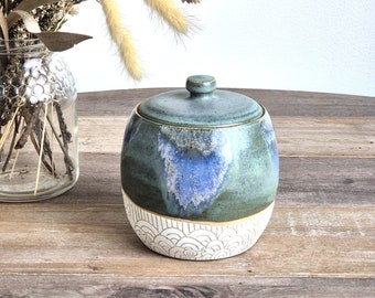 Medium Mystic Green Carved Wave Pattern Handmade Stoneware Ceramic Jar with Knob Lid - Great for storing spices, dry kitchen goods and more.