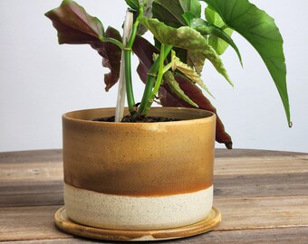 Sunset Orange Drippy Handmade Stoneware Ceramic Plant Pot with Drainage Holes and Drip Tray - Rustic Feel, Homely