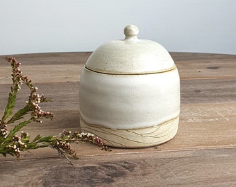 Small Satin White Carved Wave Pattern Handmade Stoneware Ceramic Jar With Lid, Salt Canister, Sugar Jar, Kitchen and Spice Container