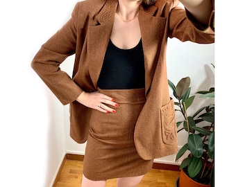 Costume en laine femme Big Brown des années 90, épaule rembourrée vintage, blazer vintage, taille IT42/US6/UK10/FR38, Made in Italy