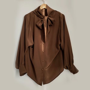 Erika Cavallini, Bishop Sleeves Blouse, Italian Silk Blouse, Brown Silk Shirt withPuff Sleeves, Made in Italy, Second Hand Item