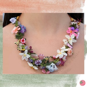 Colorful Floral Bead Gemstone Fiber Oya Crochet Bib Necklace Jewelry Mother&#39;s Day Gift Accessory for Her